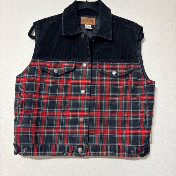 Pendleton Jackets & Blazers - Vintage Woman’s Pendleton Red Plaid Quilted Fleece BlackCorduroy Snap Front Vest